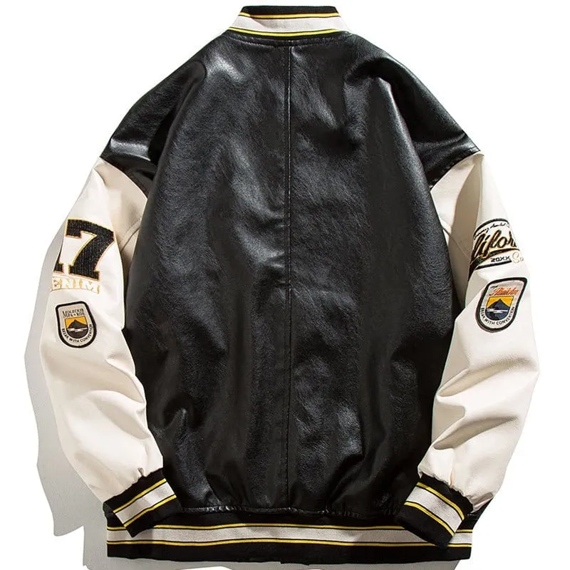 LEMAMDIK Leather Baseball Jacket Embroidered