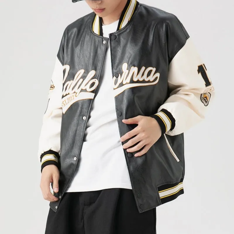 LEMAMDIK Leather Baseball Jacket Embroidered