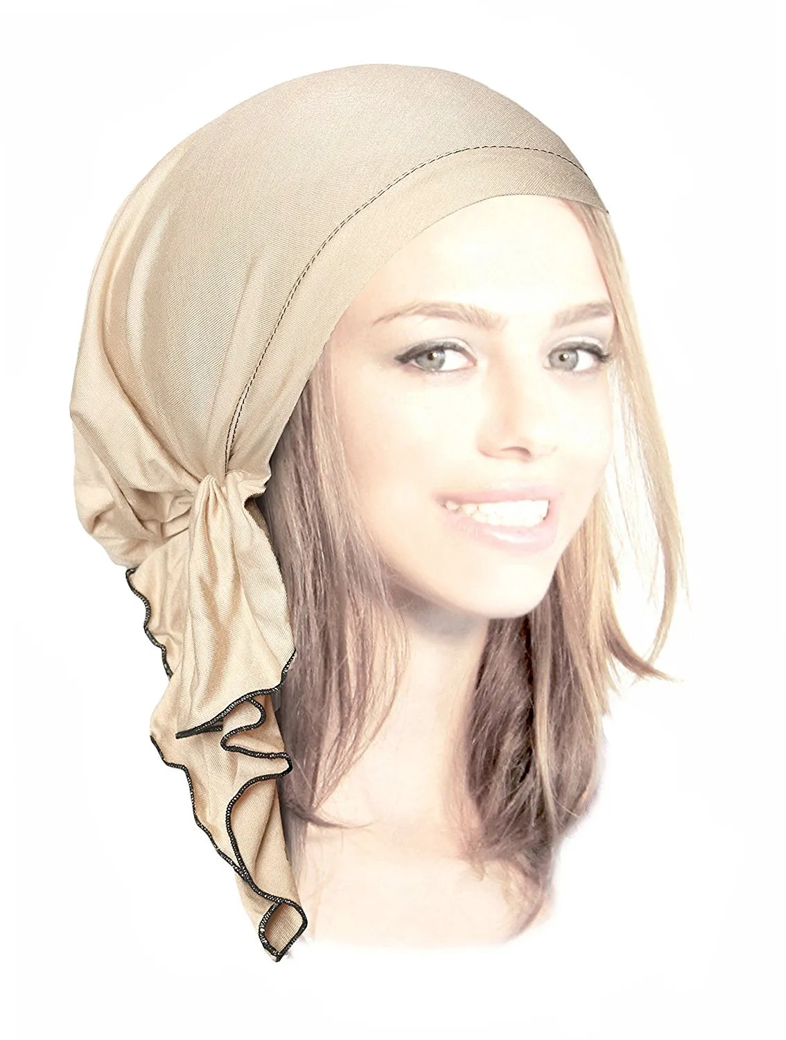 Light Beige Pre-tied Head-scarf Tichel Boho Chic ShariRose Decorative Over-Lock Collection (Beige black short)