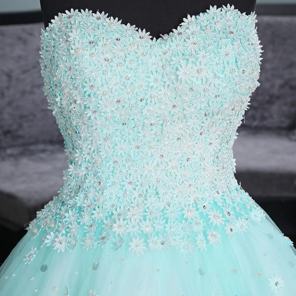 Light Blue Sweetheart Lace Applique High Low Party Dress, Blue Homecoming Dress