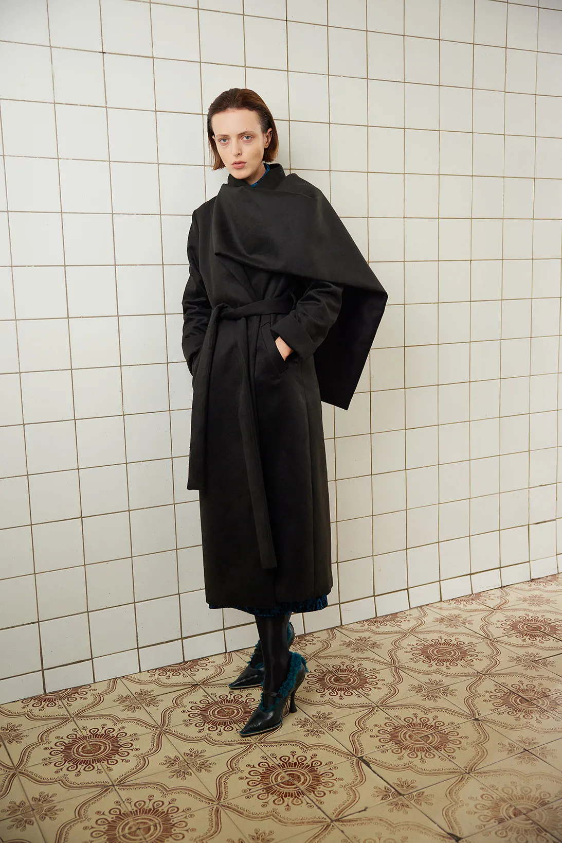 Long Wrap Coat With Drape Collar Black