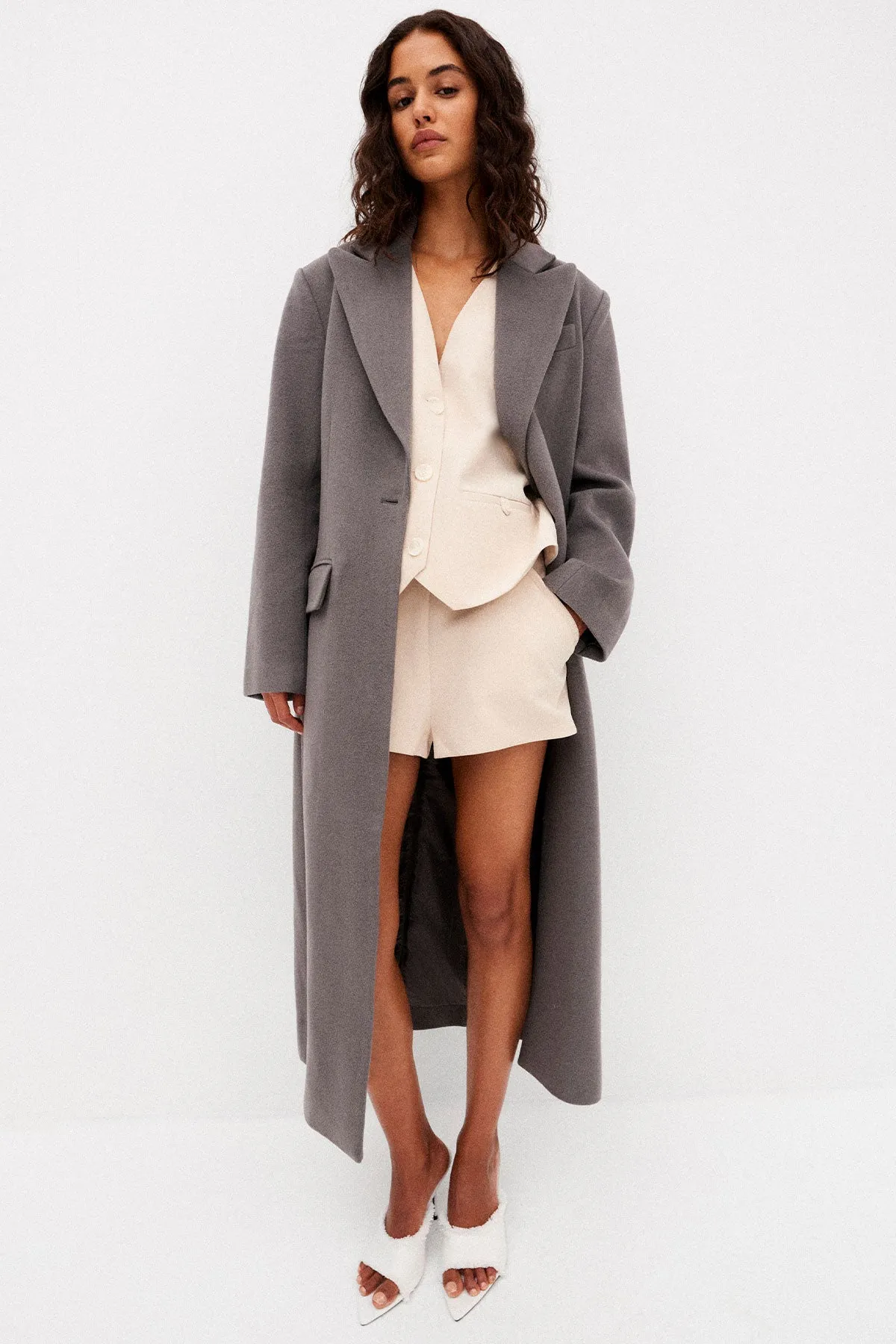 LUNA OVERSIZED PEAK LAPEL COAT WITH BELT - GRAPHITE