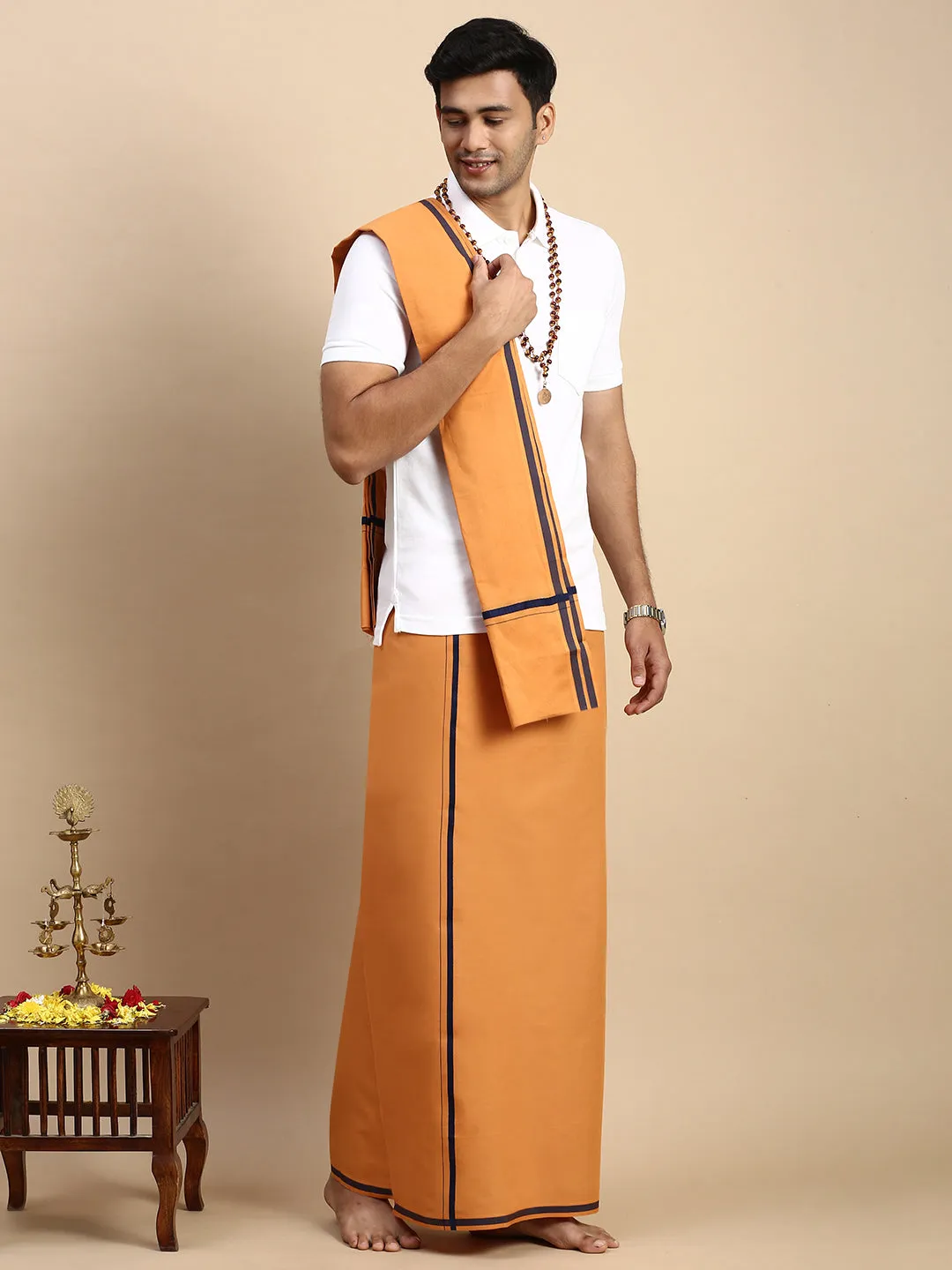 Men Devotional Big Border Dhoti with Towel & TShirt Set Kavi EP1