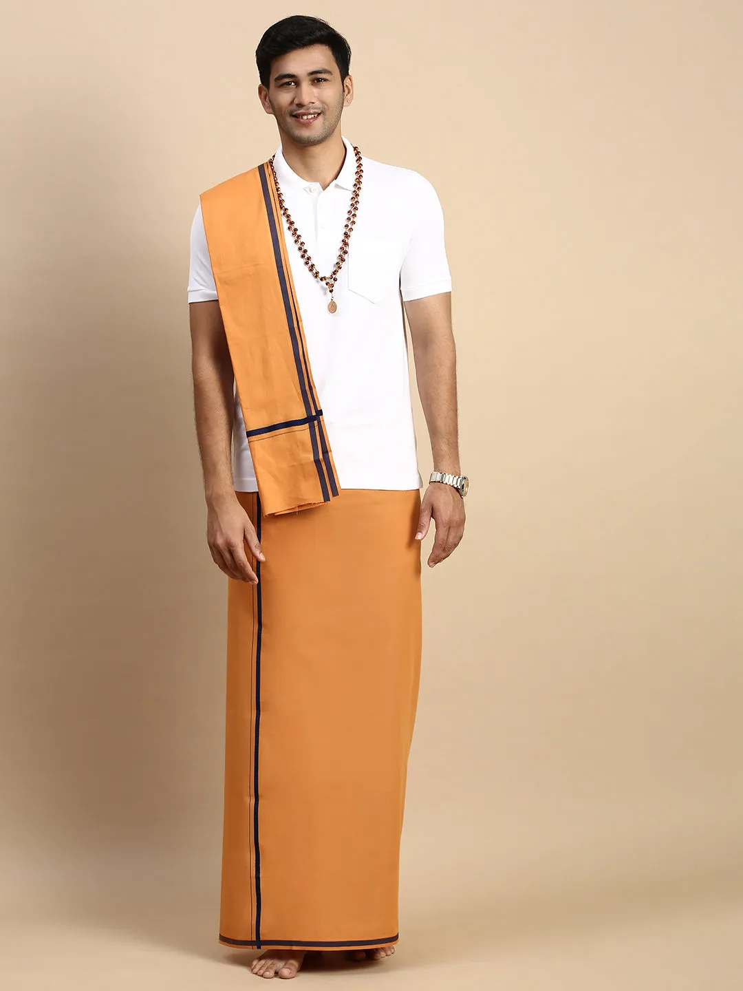 Men Devotional Big Border Dhoti with Towel & TShirt Set Kavi EP1