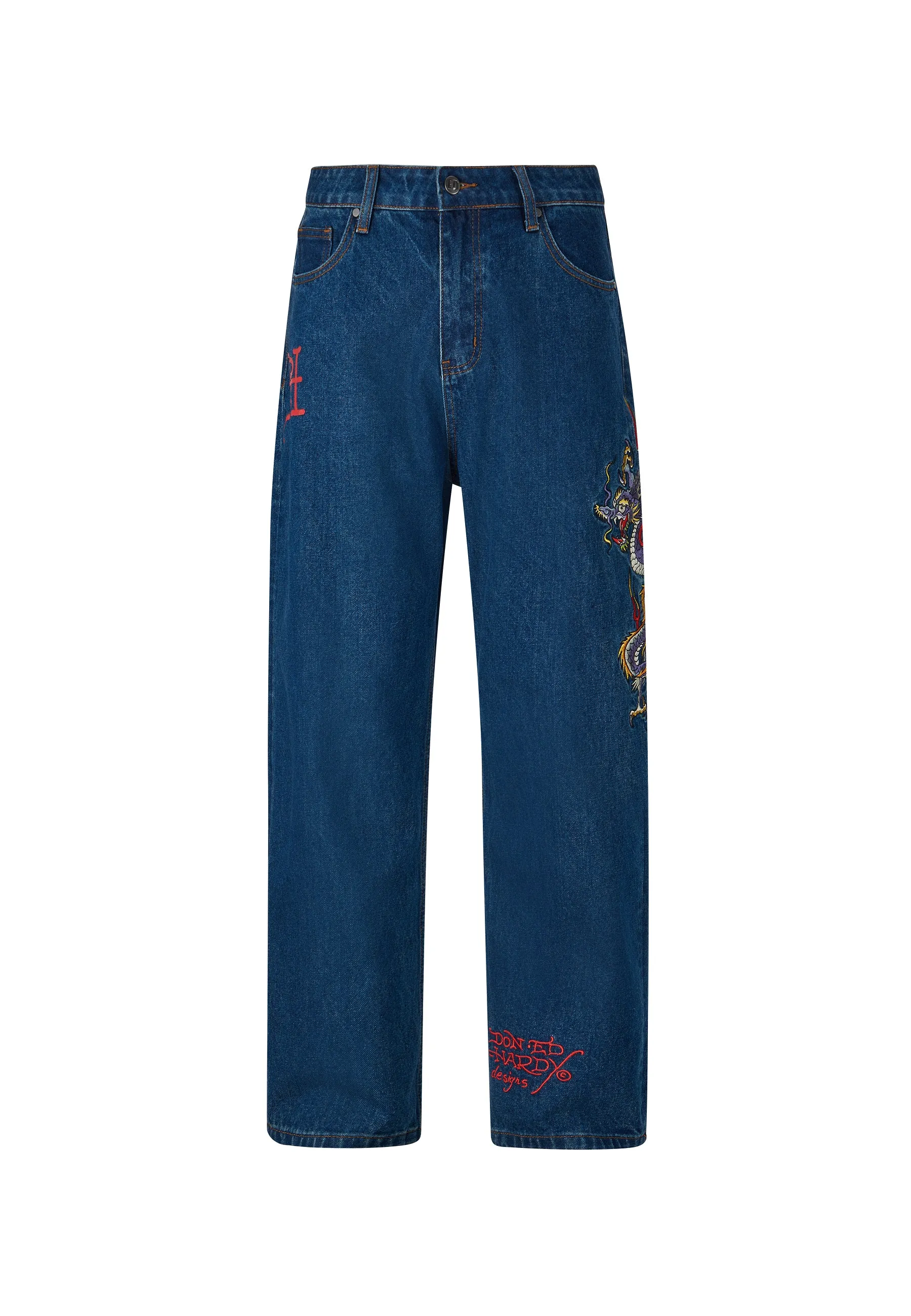 Mens Battle-Dragon Tattoo Denim Trousers Baggy Jeans - Indigo