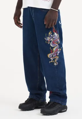 Mens Battle-Dragon Tattoo Denim Trousers Baggy Jeans - Indigo