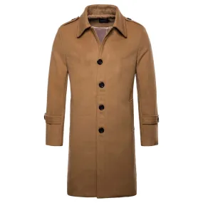 Men's Coat Long Slim Fit Winter Coat Solid Color with Flap Collar Brown