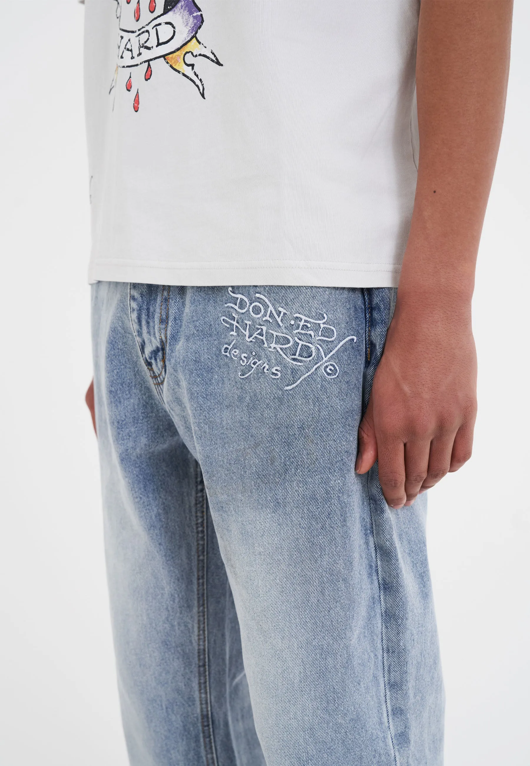 Mens Nyc-Skull Tattoo Graphic Denim Trousers Jeans - Bleach