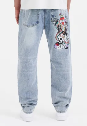 Mens Nyc-Skull Tattoo Graphic Denim Trousers Jeans - Bleach