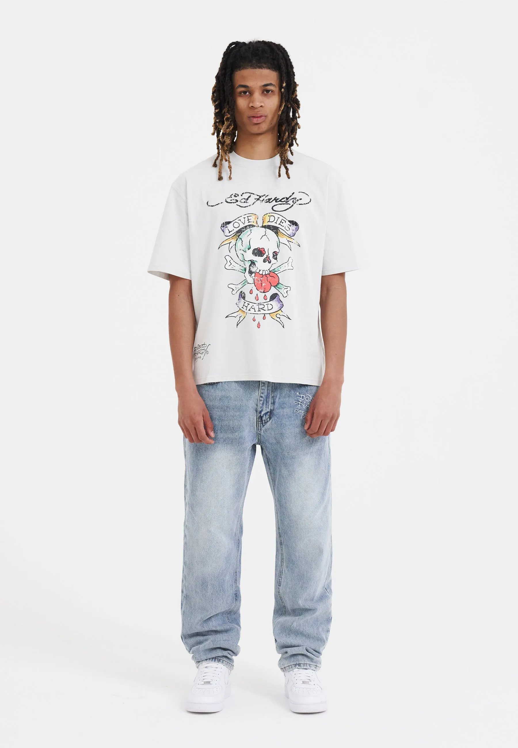 Mens Nyc-Skull Tattoo Graphic Denim Trousers Jeans - Bleach