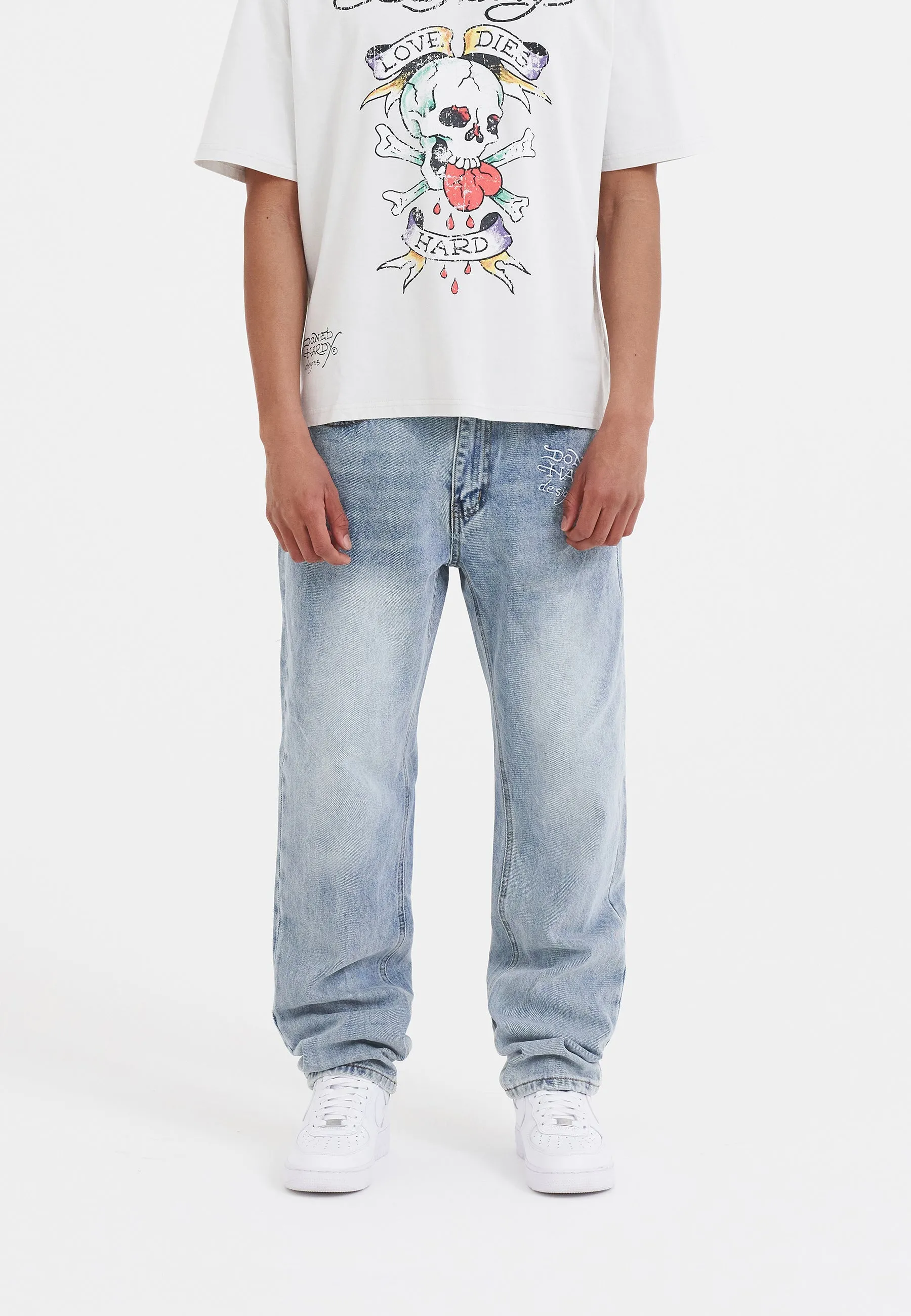 Mens Nyc-Skull Tattoo Graphic Denim Trousers Jeans - Bleach