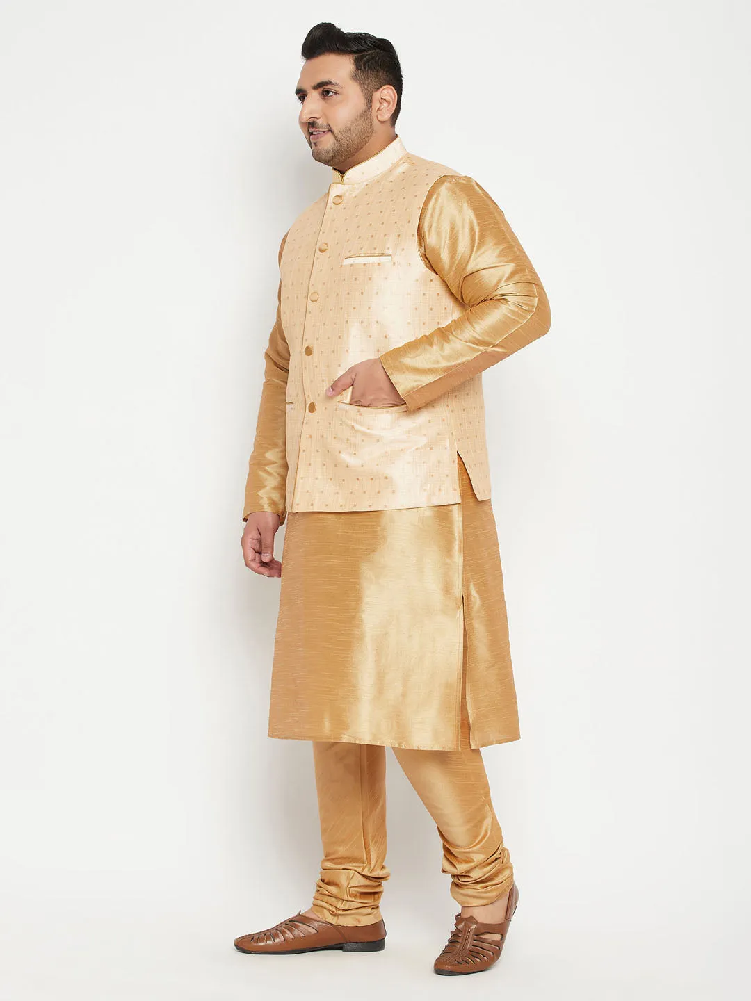 Men's Plus Rose Gold, Gold And White Silk Blend Jacket Kurta Pyjama Set - Vastramay