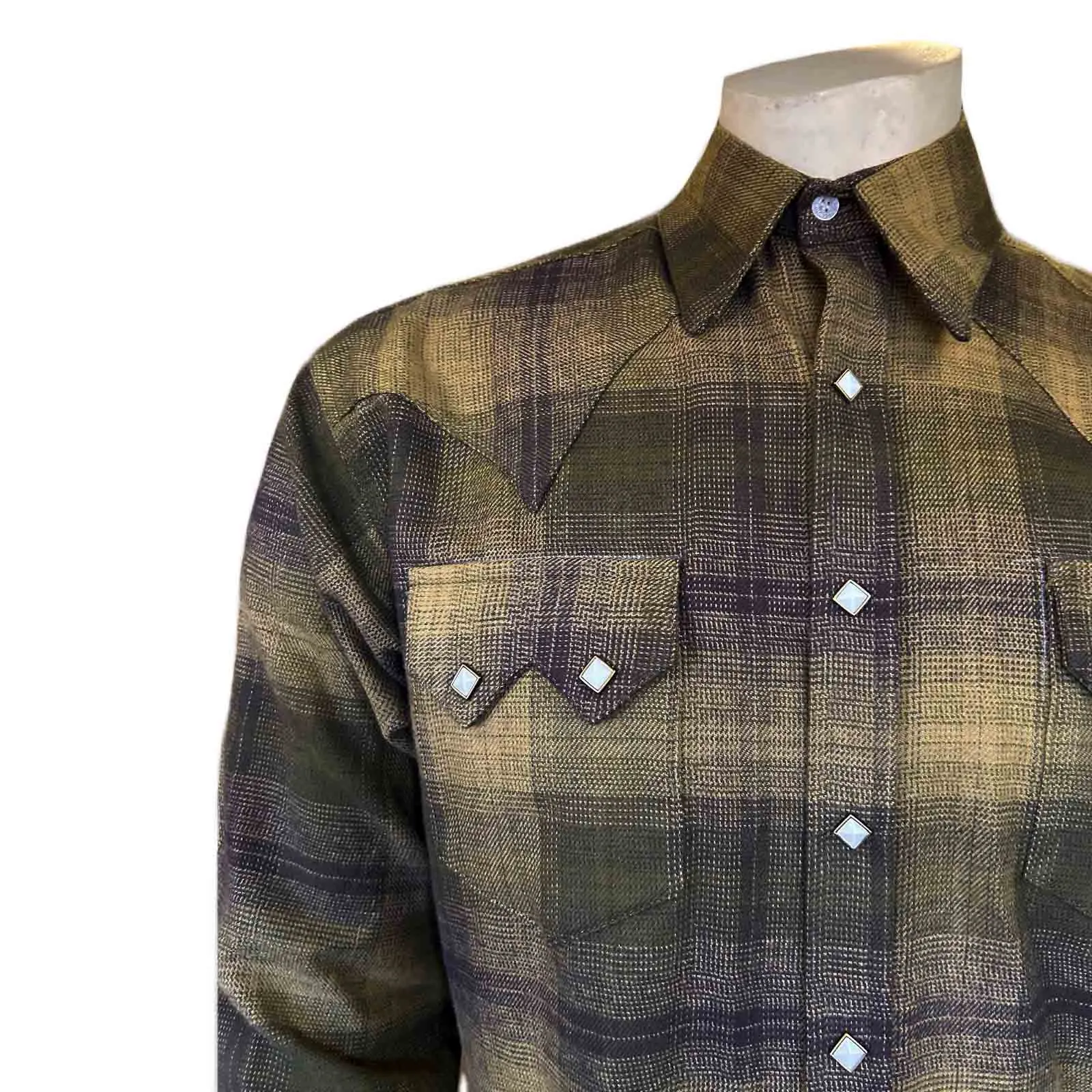 Men's Plush Flannel Olive & Grey Plaid Western Shirt