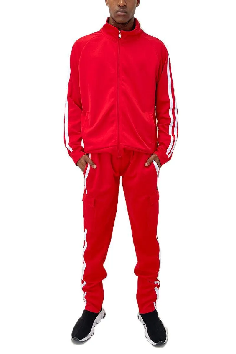 Mens Red Two Stripe Cargo Set Pants Jacket