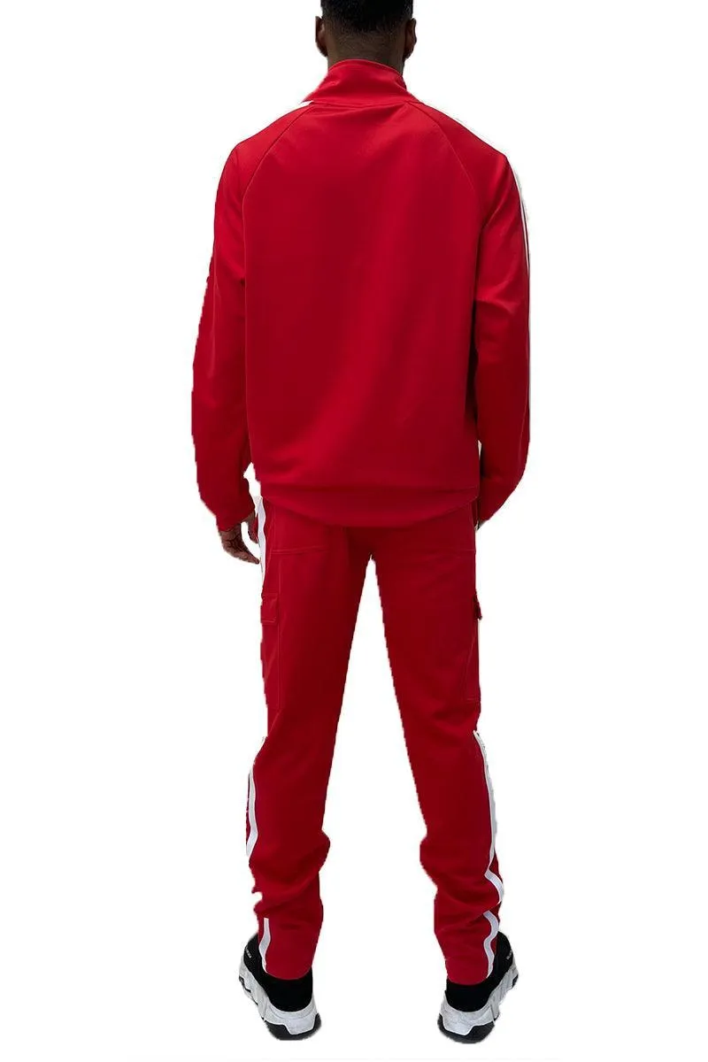 Mens Red Two Stripe Cargo Set Pants Jacket