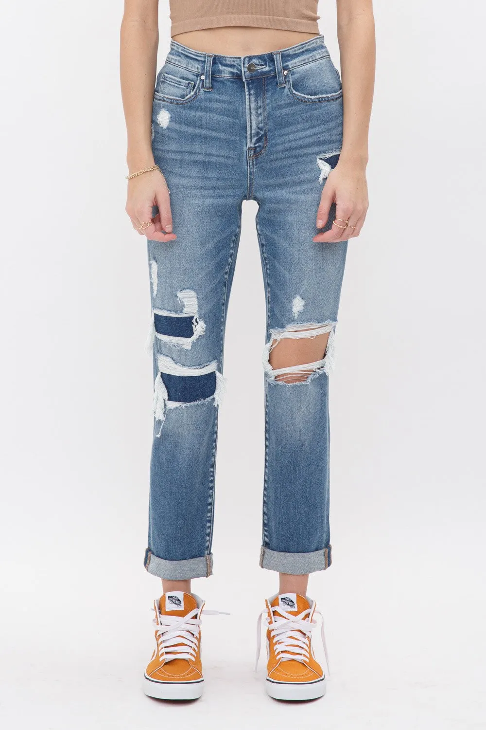 MID RISE BOYFRIEND CROP W/ DOUBLE CUFF DENIM JEANS | MICA