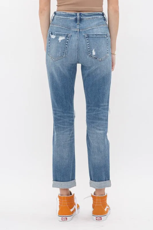 MID RISE BOYFRIEND CROP W/ DOUBLE CUFF DENIM JEANS | MICA