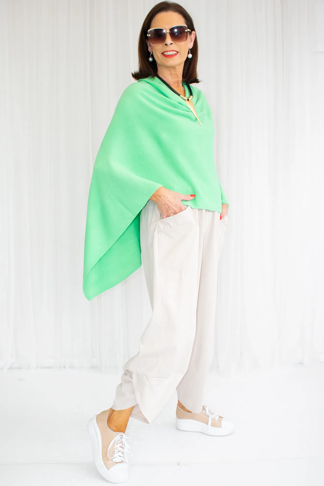 Mollie-Ann Poncho Style Fine Knit in Apple Green