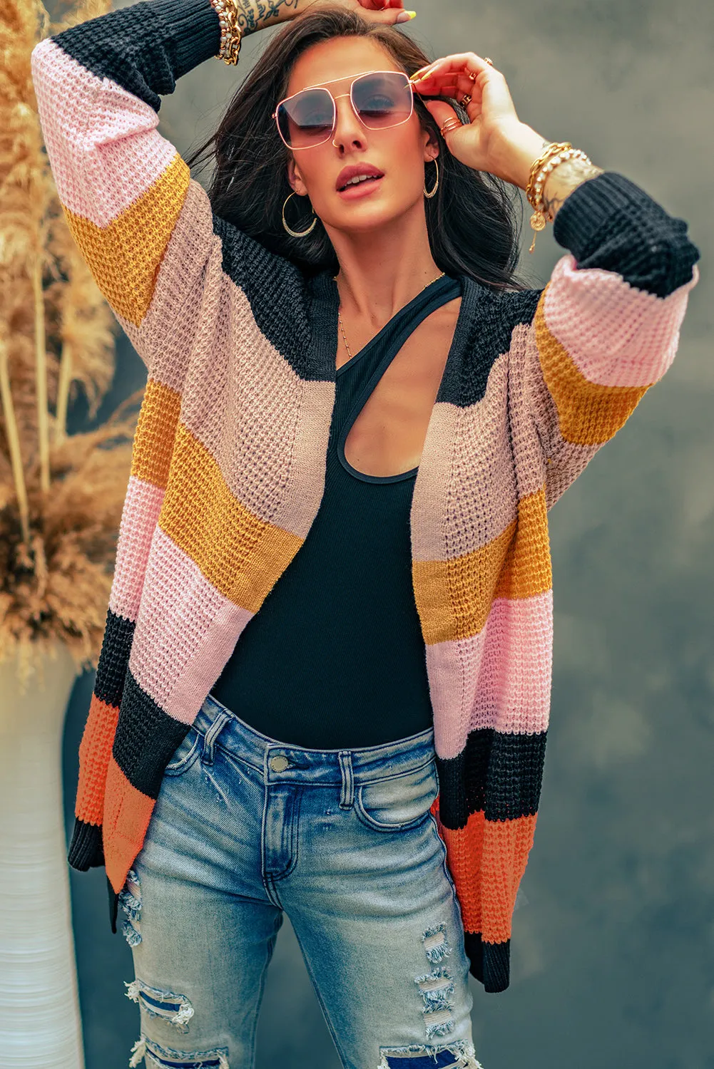 Multicolor Knitted Long Sleeve Cardigan Sweater