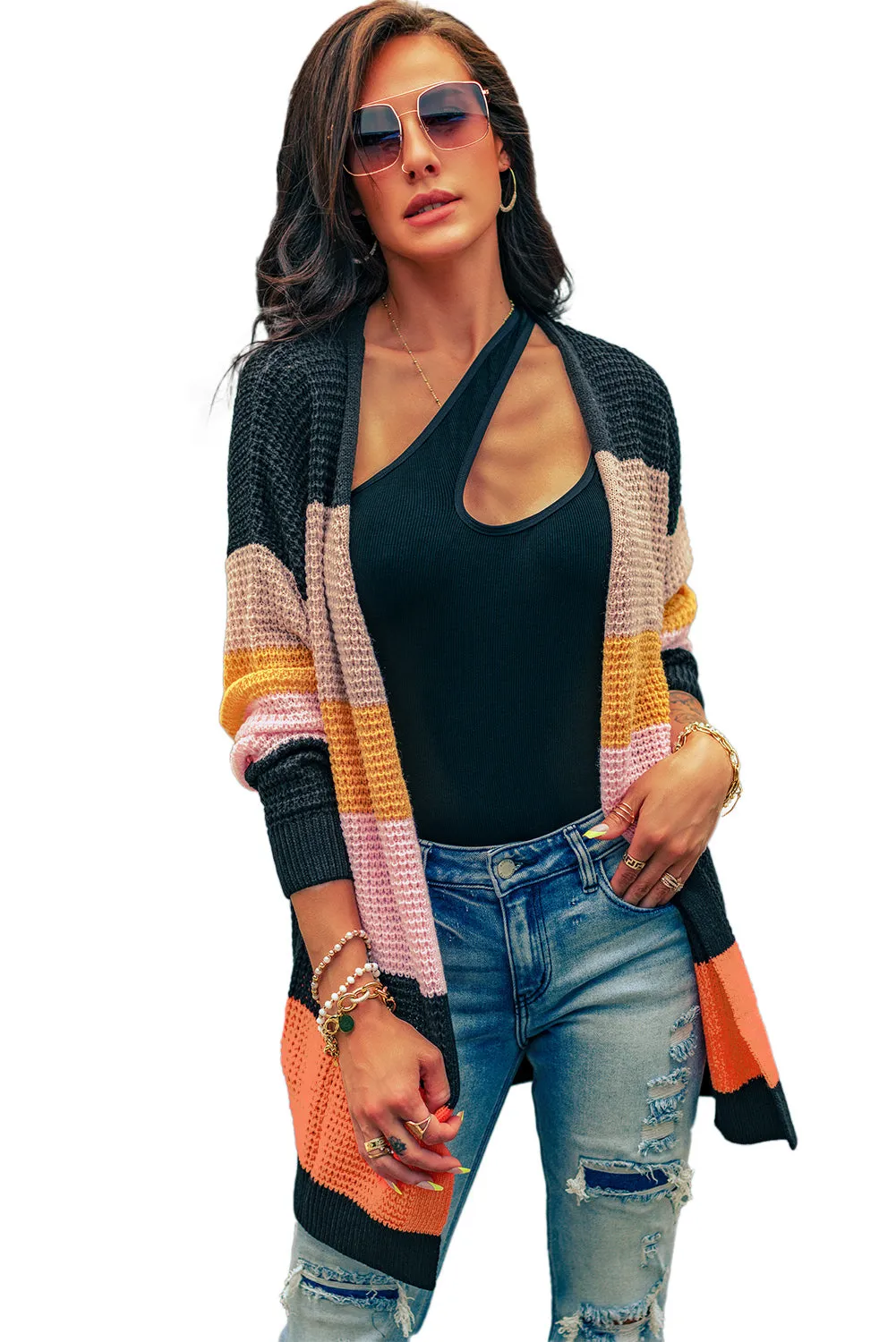 Multicolor Knitted Long Sleeve Cardigan Sweater