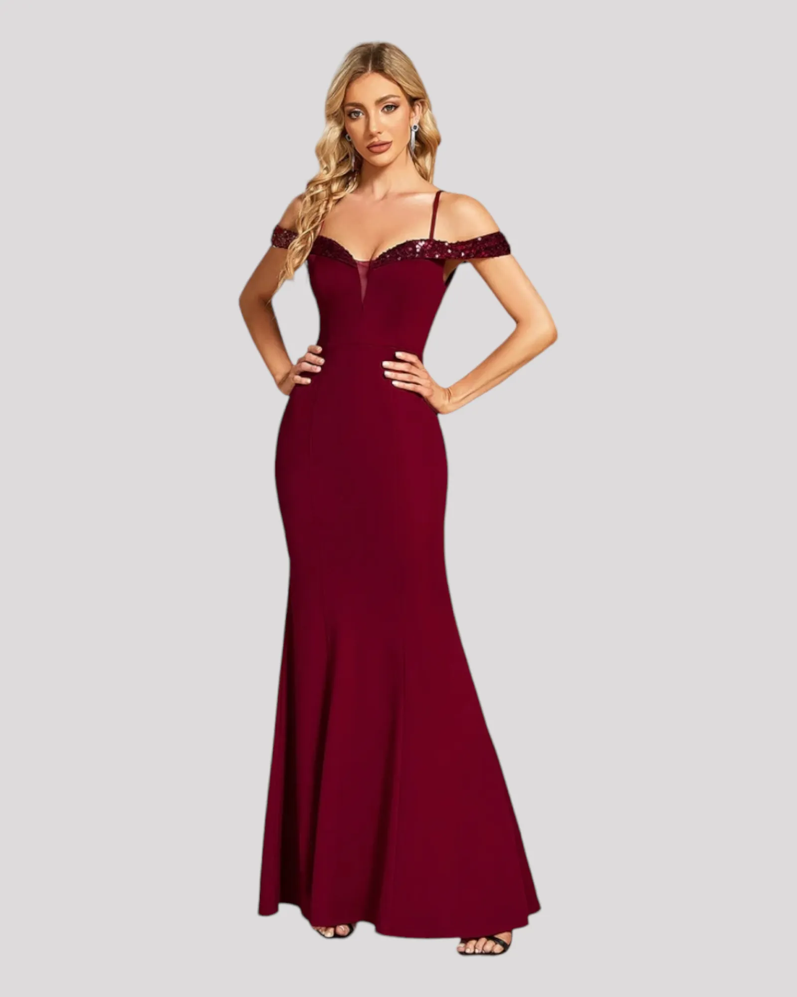 Off the Shoulder Evening Dress with Sequin Detailed Neckline, Choose from 3 colours