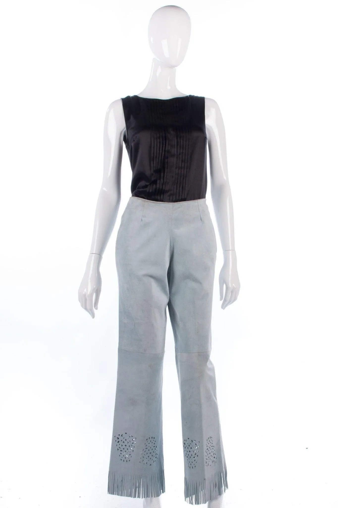 Pale blue designer suede fringed trousers, made in Italy. size 8