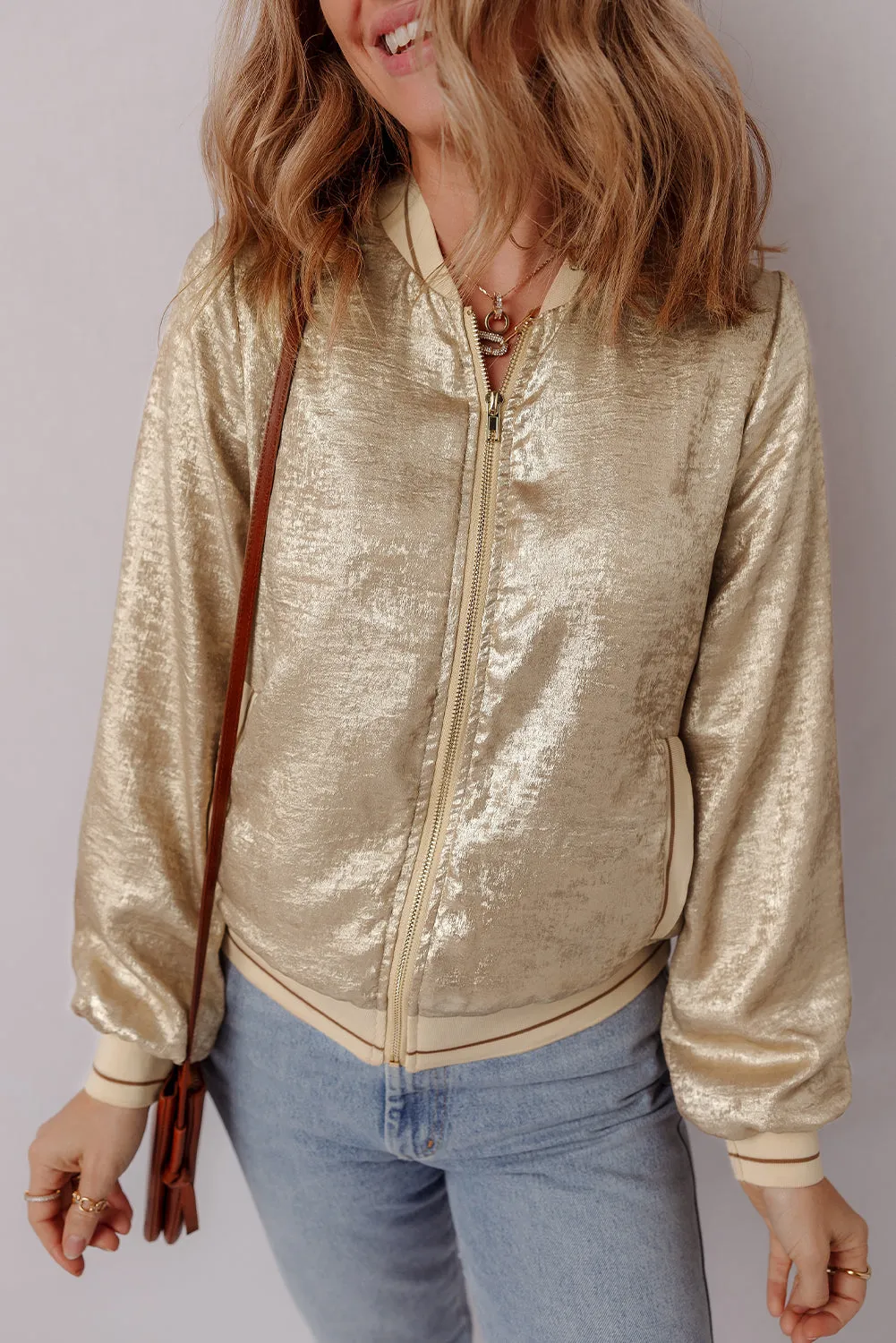 Pale Khaki Metallic Zip up Baseball Jacket