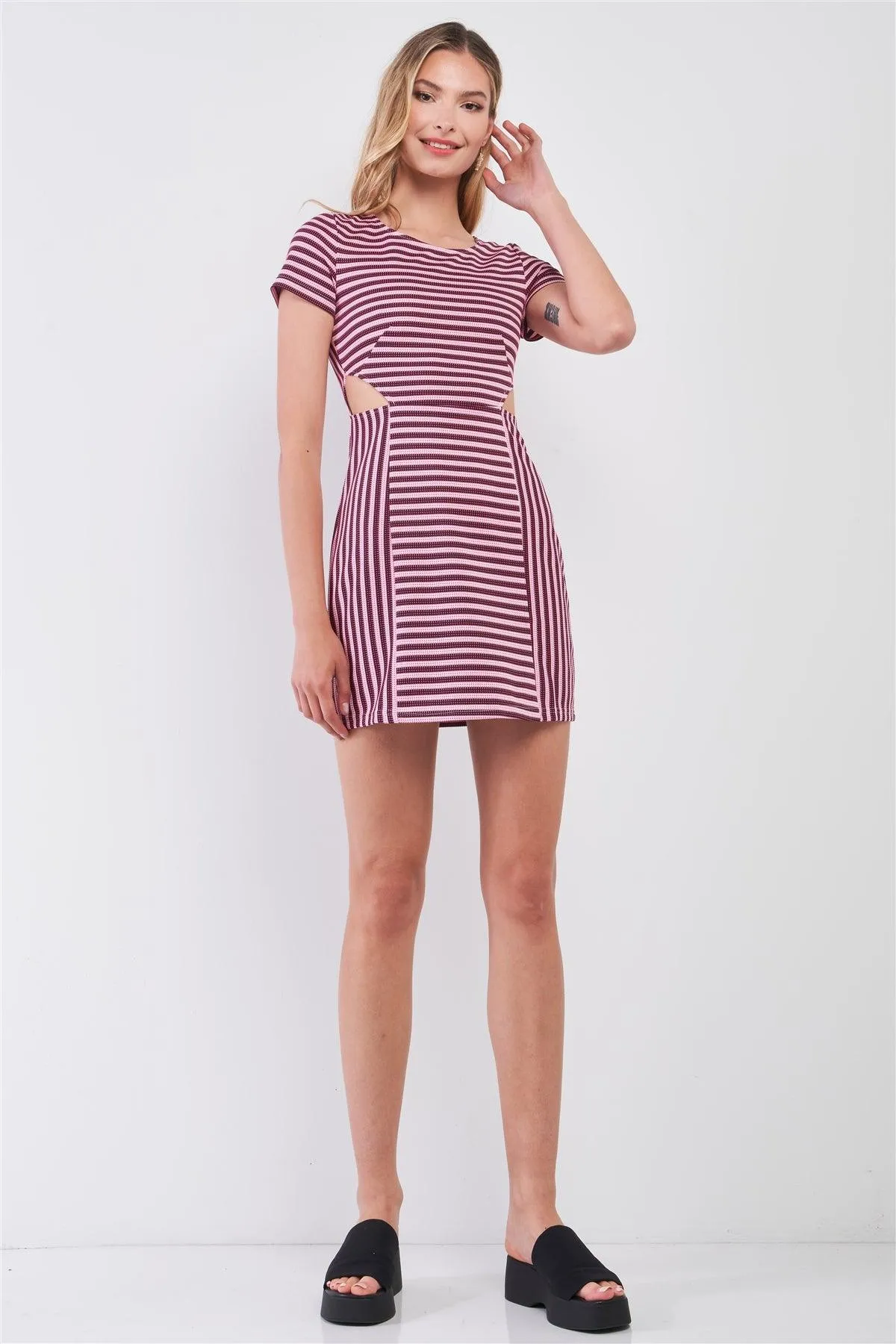 Pink & Black Striped Short Sleeve Cut-Out Detail Tight Fit Mini Dress /1-2-1