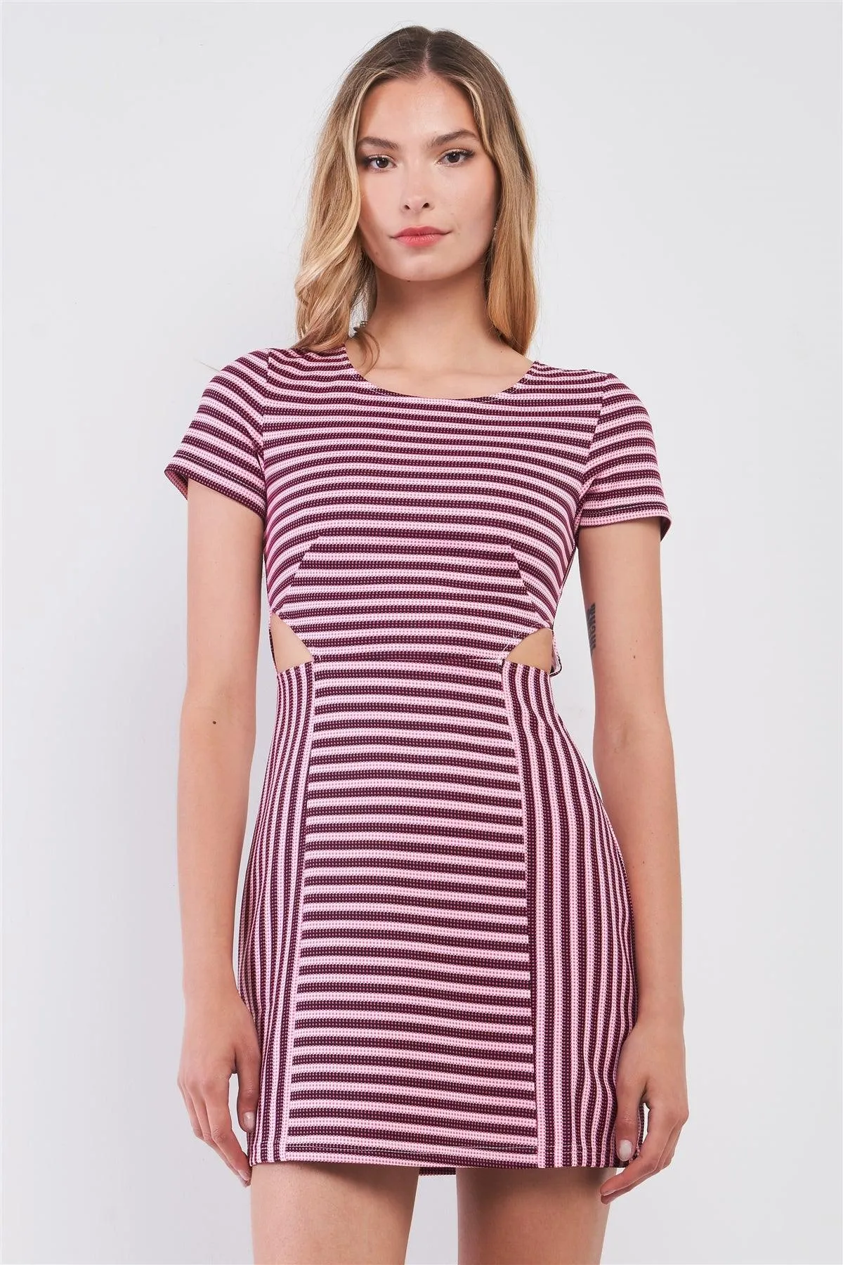 Pink & Black Striped Short Sleeve Cut-Out Detail Tight Fit Mini Dress /1-2-1