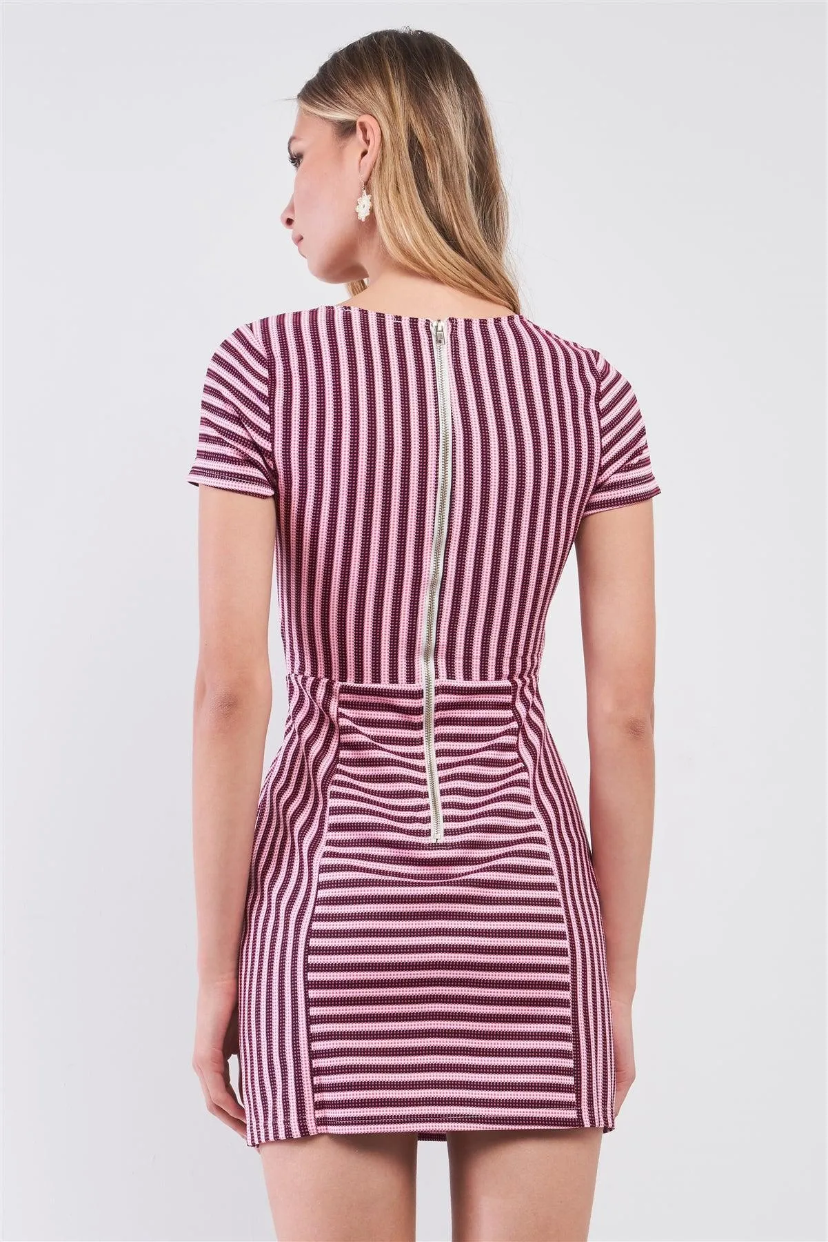 Pink & Black Striped Short Sleeve Cut-Out Detail Tight Fit Mini Dress /1-2-1