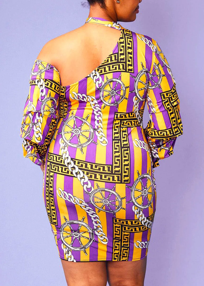 Plus Size Multi Stripe Print One Shoulder Bodycon Dress