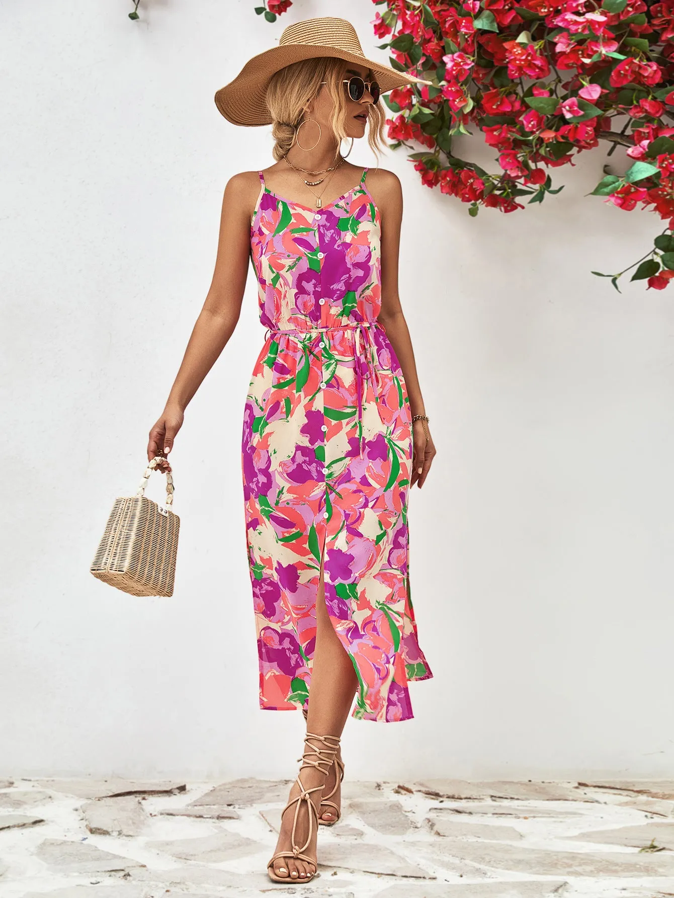 Printed Spaghetti Strap Front Slit Dress