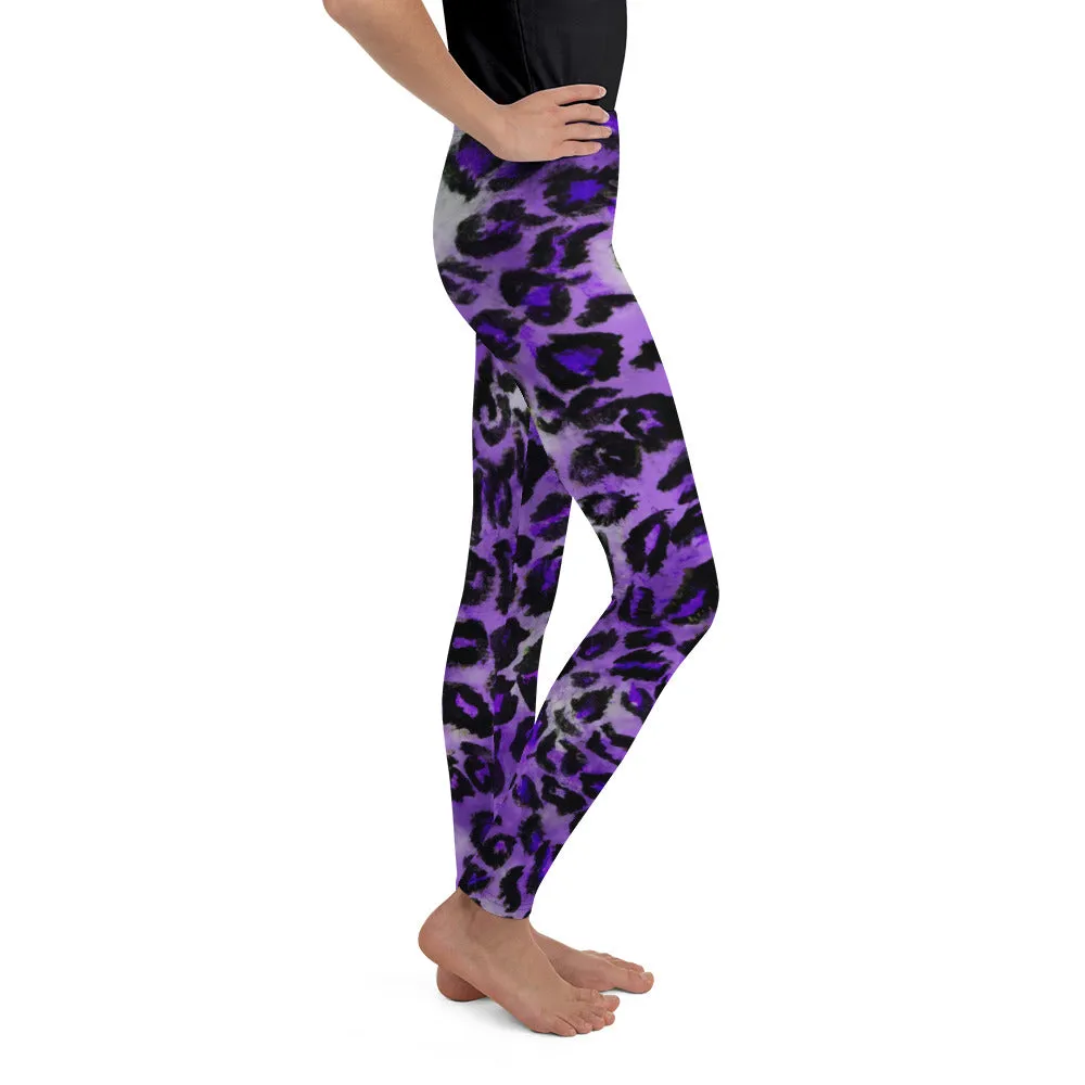 Purple Leopard Print Girl's Tights, Animal Print Premium Youth Leggings Tight Pants - Made in USA/EU