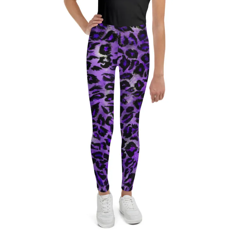 Purple Leopard Print Girl's Tights, Animal Print Premium Youth Leggings Tight Pants - Made in USA/EU