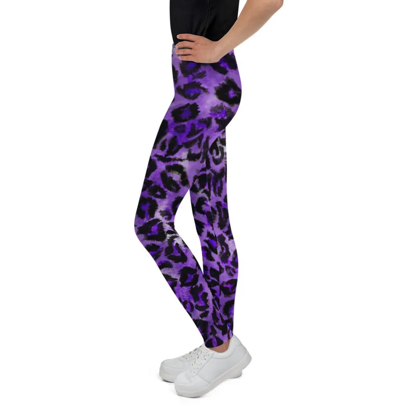 Purple Leopard Print Girl's Tights, Animal Print Premium Youth Leggings Tight Pants - Made in USA/EU