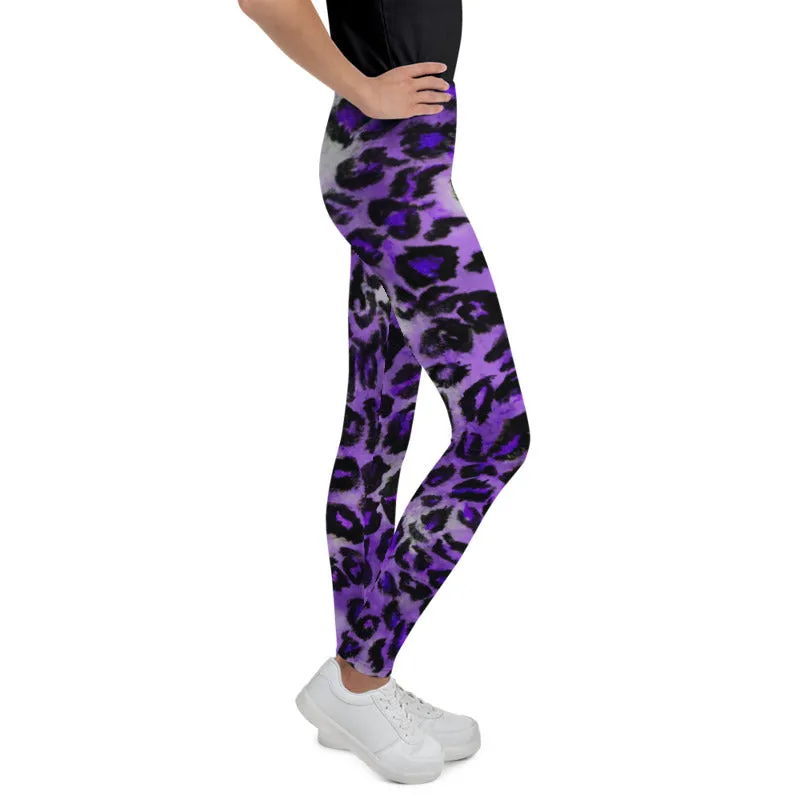 Purple Leopard Print Girl's Tights, Animal Print Premium Youth Leggings Tight Pants - Made in USA/EU