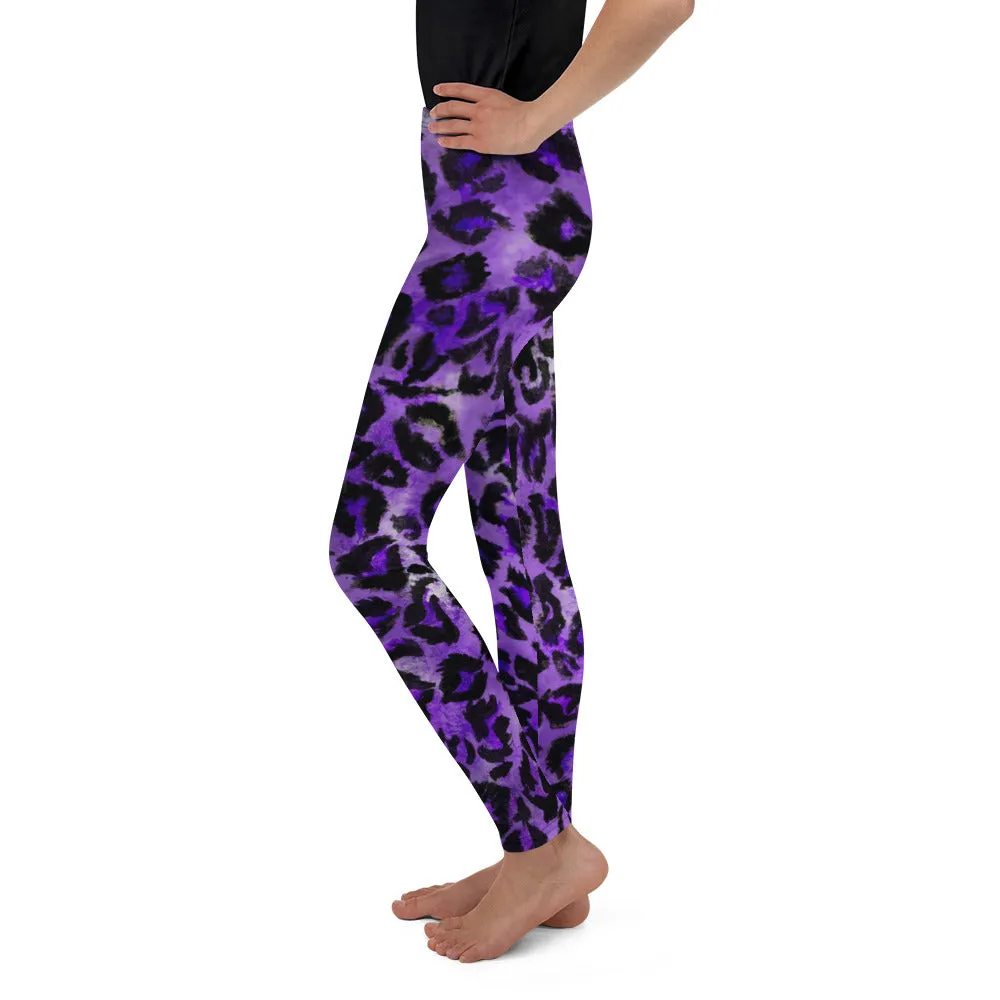 Purple Leopard Print Girl's Tights, Animal Print Premium Youth Leggings Tight Pants - Made in USA/EU