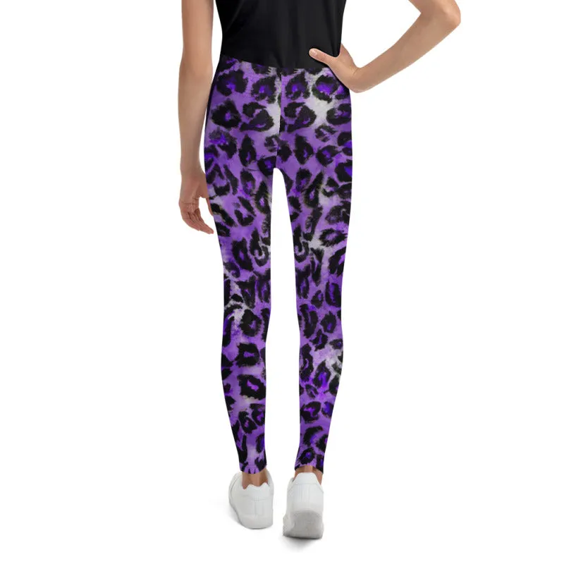 Purple Leopard Print Girl's Tights, Animal Print Premium Youth Leggings Tight Pants - Made in USA/EU