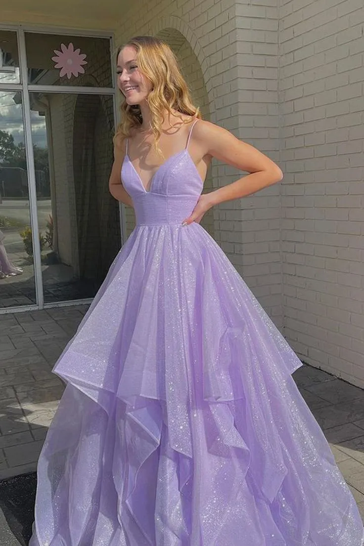 Purple V Neck Tulle Long Prom Dress Purple Evening Dress     fg4772