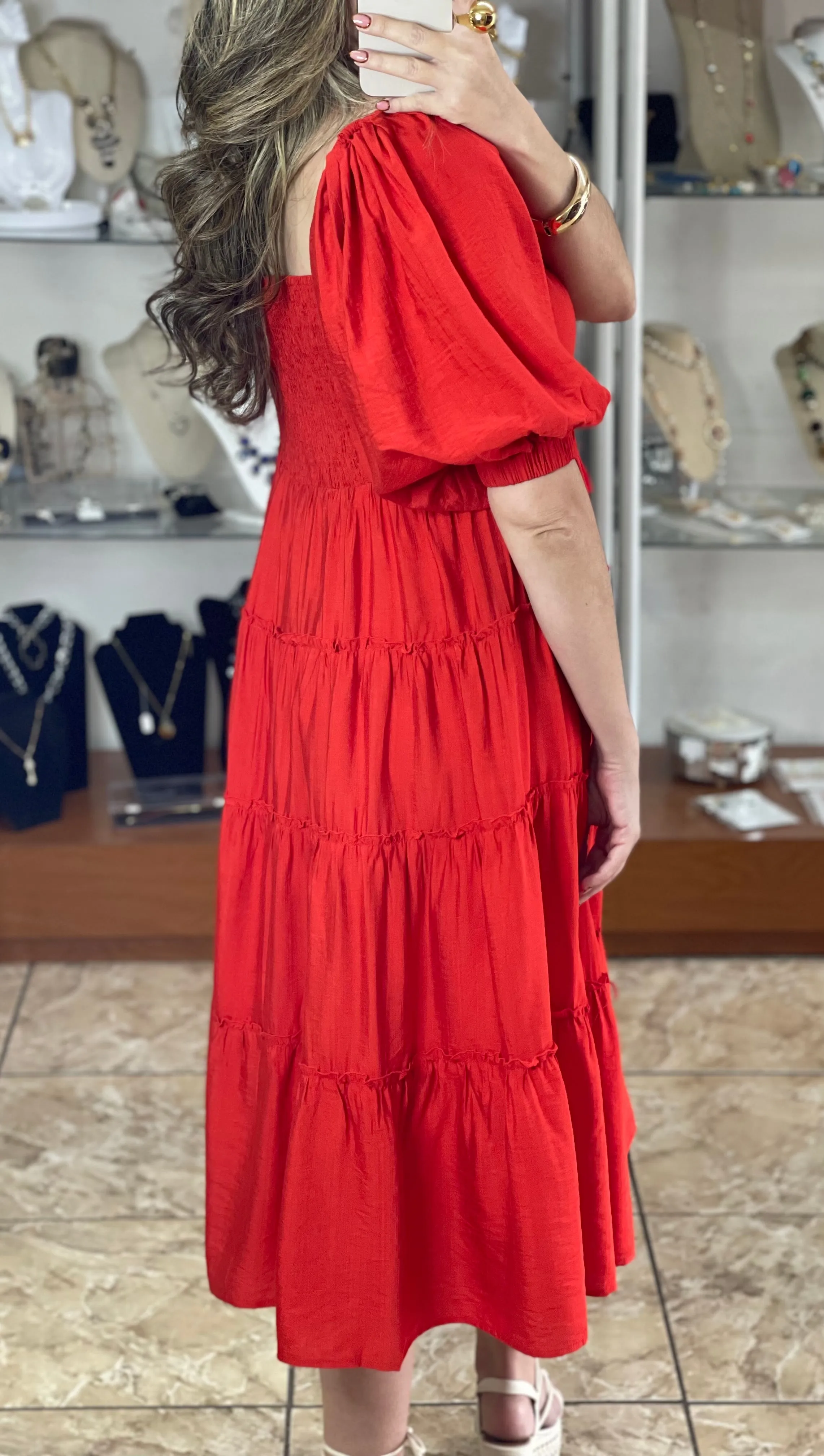 Red A-Line Midi Dress