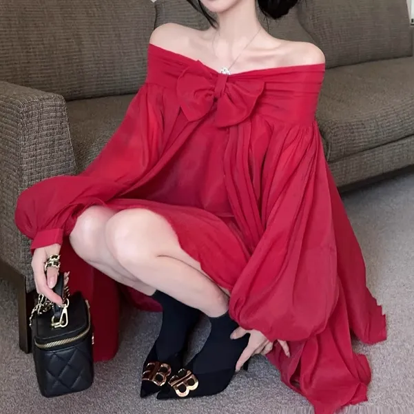 Red Bow A-Line Long-Sleeved Loose Puffy Dress