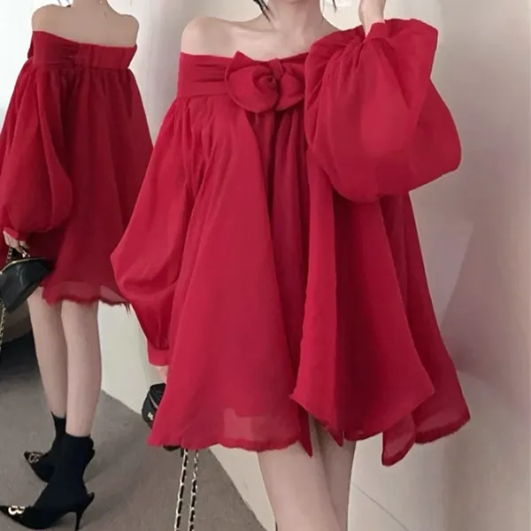 Red Bow A-Line Long-Sleeved Loose Puffy Dress