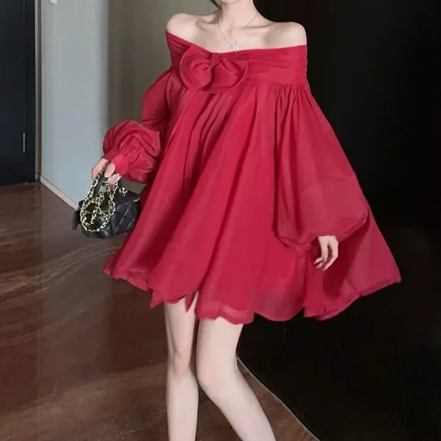 Red Bow A-Line Long-Sleeved Loose Puffy Dress