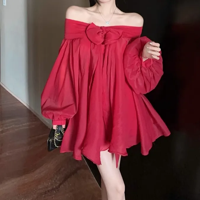 Red Bow A-Line Long-Sleeved Loose Puffy Dress