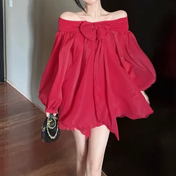 Red Bow A-Line Long-Sleeved Loose Puffy Dress