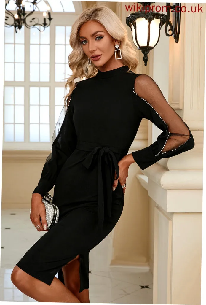 Sash Midi Dresses Stacy Club Dresses Long Cotton Sleeves Hot Neck Round Elegant Blends Bodycon Drilling