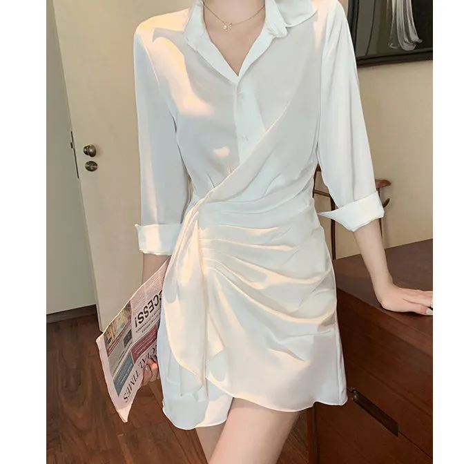 Satin Neck Slim Fit Shirt Long Sleeve Dress