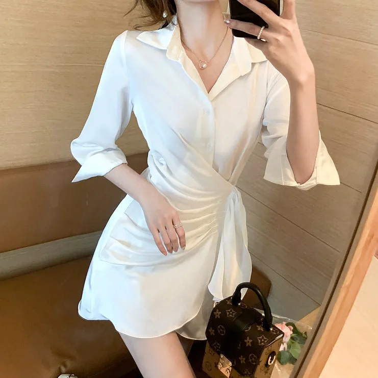 Satin Neck Slim Fit Shirt Long Sleeve Dress