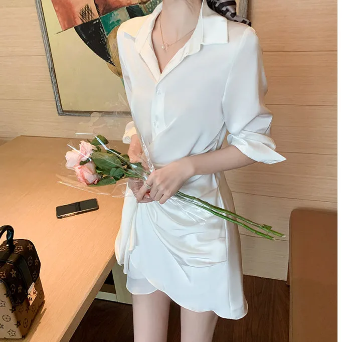 Satin Neck Slim Fit Shirt Long Sleeve Dress