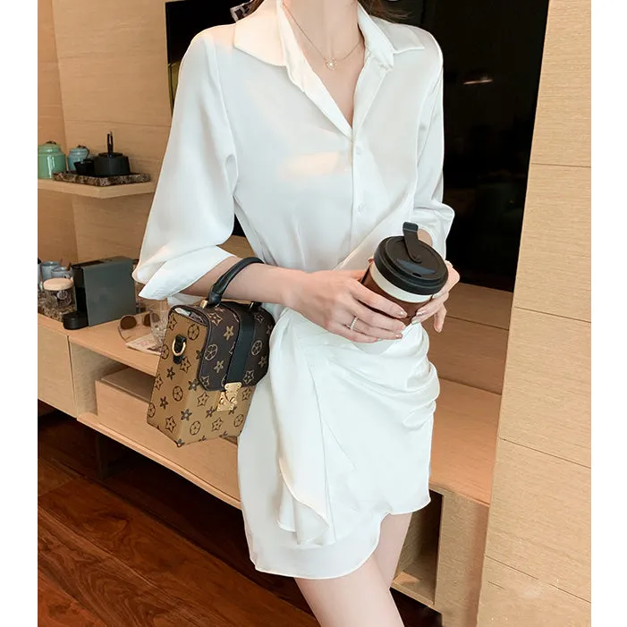 Satin Neck Slim Fit Shirt Long Sleeve Dress